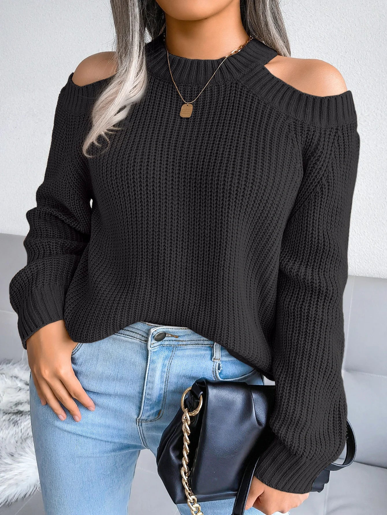 Autumn Winter Casual Solid Color Crew Neck Off Shoulder Long Sleeve Knitted Pullover For Women Sweater Top