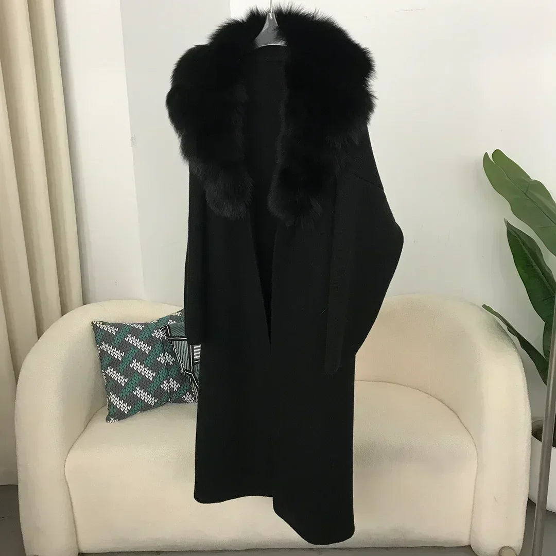 2024 Natural Fox Fur Collar Jacket Spring Autumn Real  Sweater Fur Coat Women Belt Long Loose Thick Warm Outerwear Knitting Coat