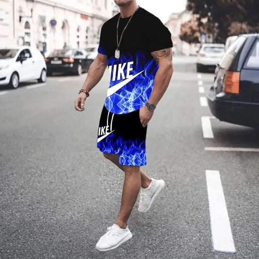 Hot New Running Training Fitness Suit Men's Fashion Printed T-Shirt Shorts Casual Elastic Mesh Breathable Two-piece Set S-4XL