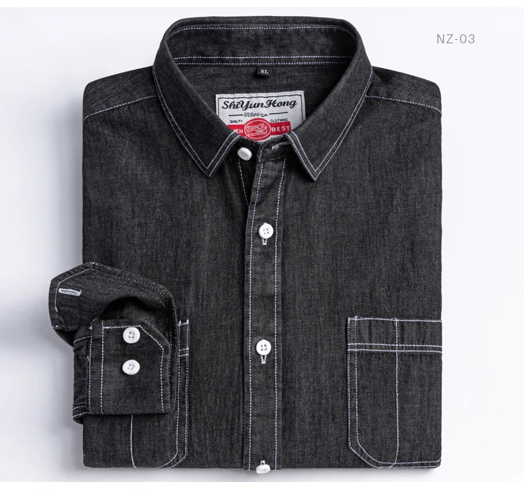 Man 100% Cotton Western Denim Pocket Shirt Long Sleeve Standard-fit Comfort Durability Soft Casual Washed Durability Work Shirts