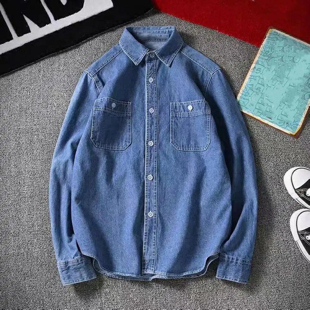 Veste chemise tendance pour homme, toucher peau, couleur unie, joli col rabattu, boutons, chemise en jean pour homme, streetwear