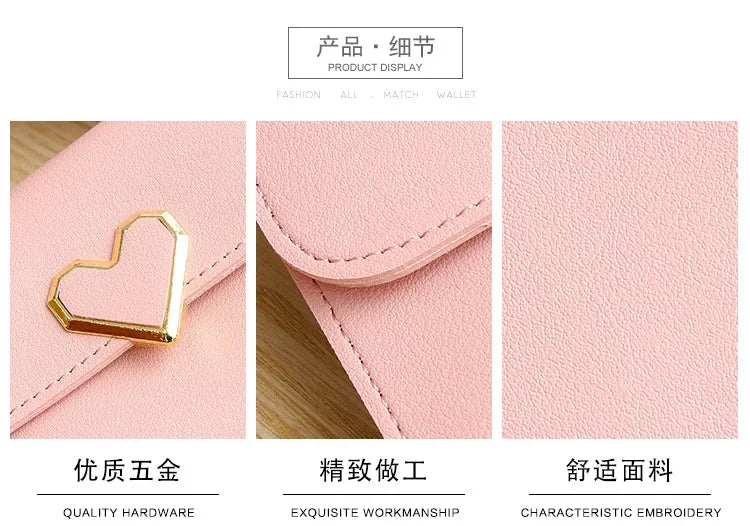 2024 Women Tri-Fold Wallet Metal Heart Pattern Girls Money Pocket Card Holder Luxury Designer Phone Clutch Fashion Card Holder