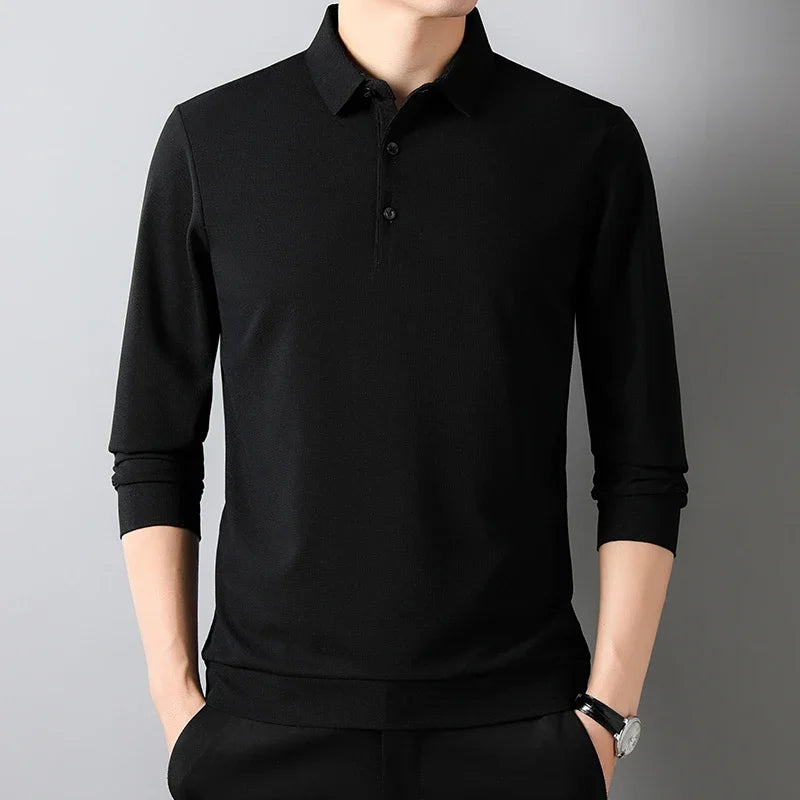 Men's Fashion Waffle Solid Long Sleeved Polo Shirt Summer Breathable Comfortable Top