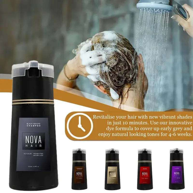 Shampooing colorant capillaire original Nova Hair Shampooing colorant instantané pour hommes et femmes Couleur de cheveux rapide, facile et sûre Couverture des cheveux gris Nourrit le cuir chevelu