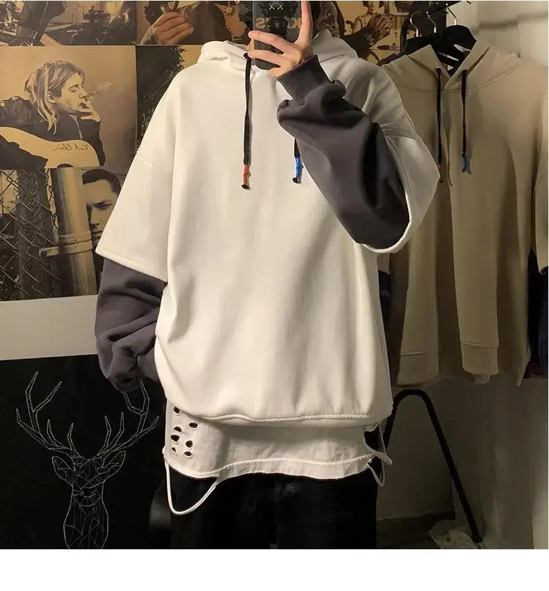 Sweat-shirt Illusion en deux pièces pour hommes, à capuche, tendance, automne/hiver, marque, haut hip-hop, surdimensionné, niche, veste de rue