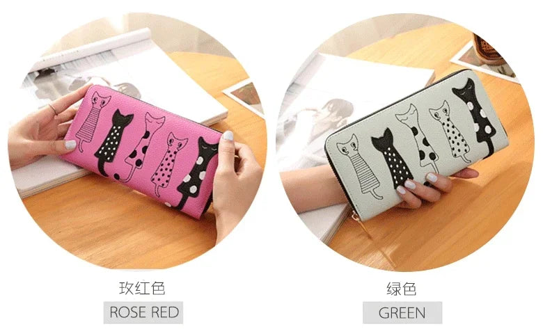 Women European and American Cats Cute Cartoon Embroidery Thread Ladies Zipper Long Wallet Clutch Bag Simple Fashion