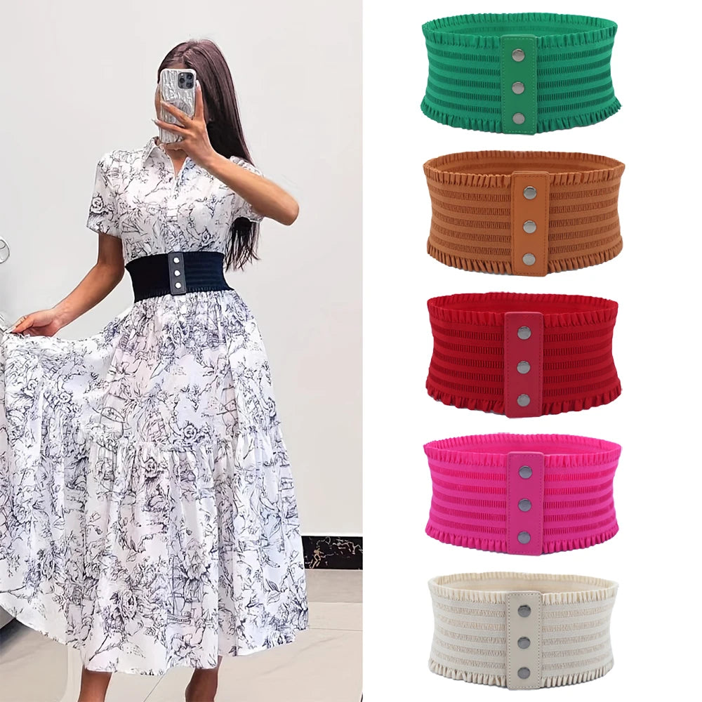 Ruffles Wide Belt Triple Buckle Elegant Elastic Waistband Decorative Dress Girdle for Women Large Size