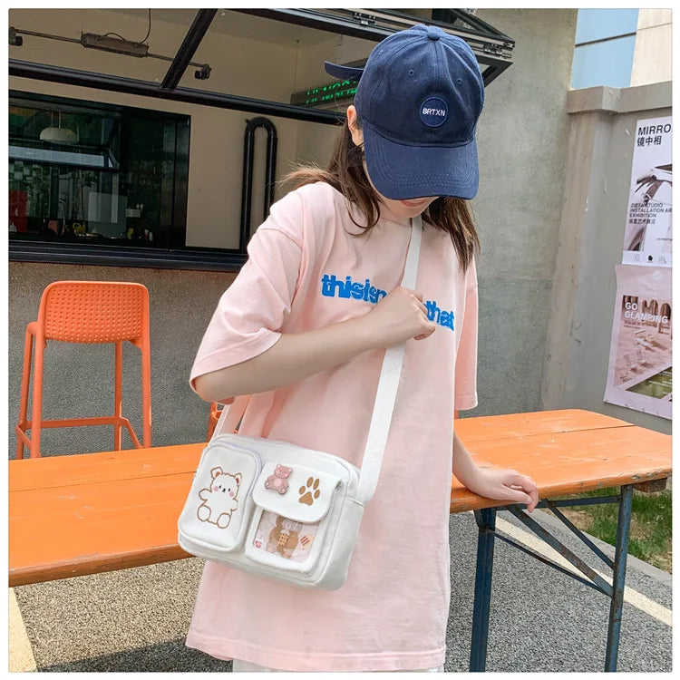 Canvas Small Bag Japanese ins Women Shoulder Bag Cute Funny Personality Embroidery Bear Girl Student Transparent Messenger Bag