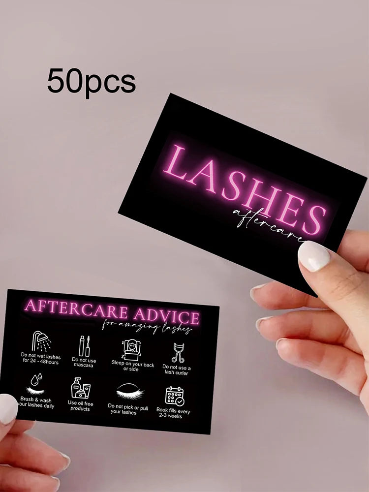 Lot de 50 cartes de soins pour cils noirs, cartes de fidélité pour adhésion au salon de beauté, carte après-vente pour extensions de cils, carte de visite en papier