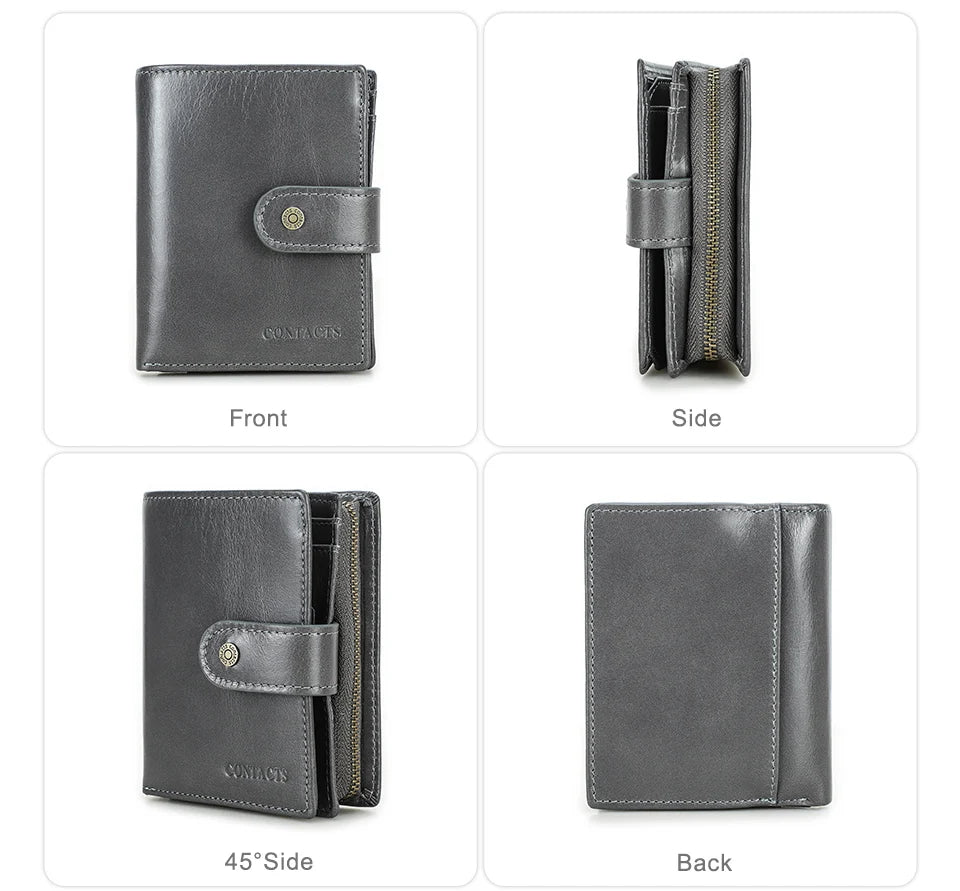 CONTACT'S Genuine Leather RFID Vintage Wallet Men With Coin Pocket Short Wallets Small Zipper Wallet With Card Holders Man Purse