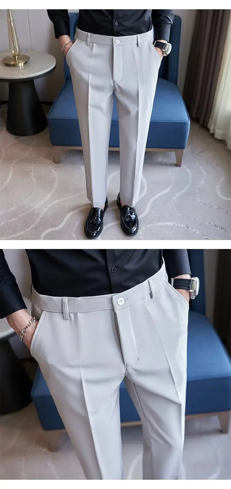 Men's Suit Pants Gray White Black Slim Business Casual Nine-point Pants Straight Plus Size Trousers Office Social Wedding