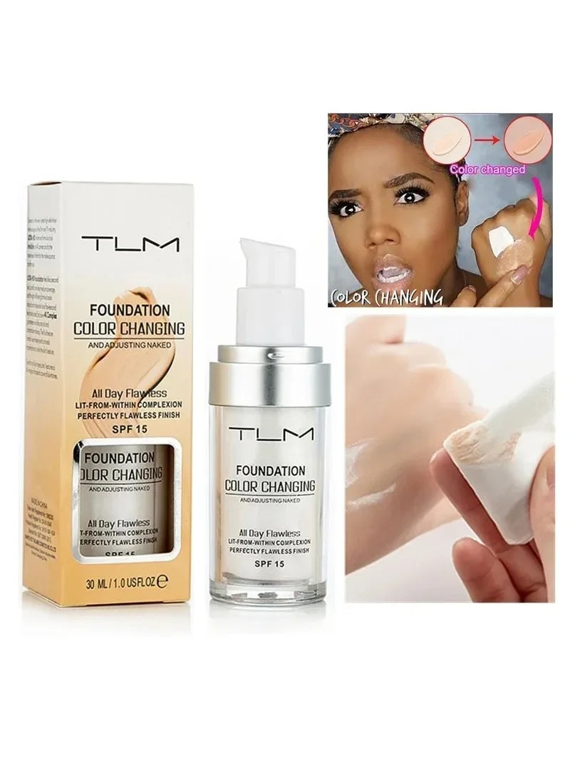 Fond de teint TLM 30 ml - Base de maquillage changeante de couleur - Visage nu - Couvrance totale - Anti-cernes mat - Maquillage longue durée - Fond de teint liquide - Crème