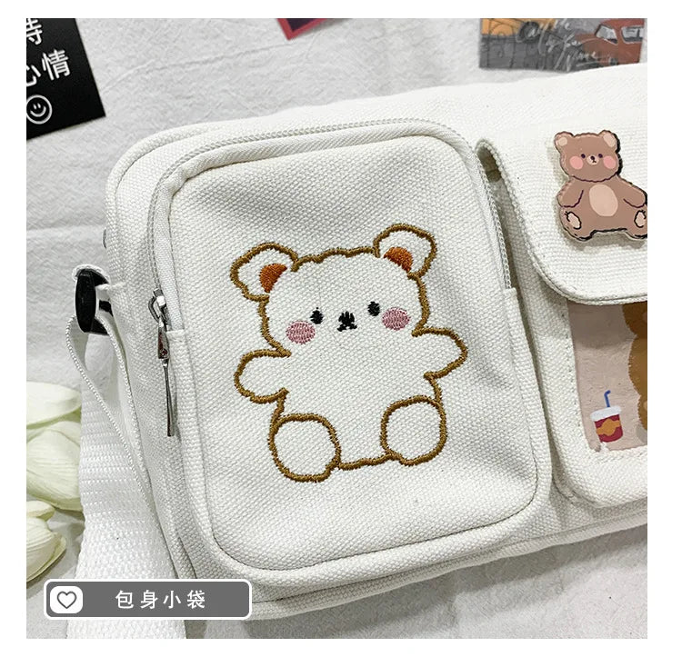 Canvas Small Bag Japanese ins Women Shoulder Bag Cute Funny Personality Embroidery Bear Girl Student Transparent Messenger Bag