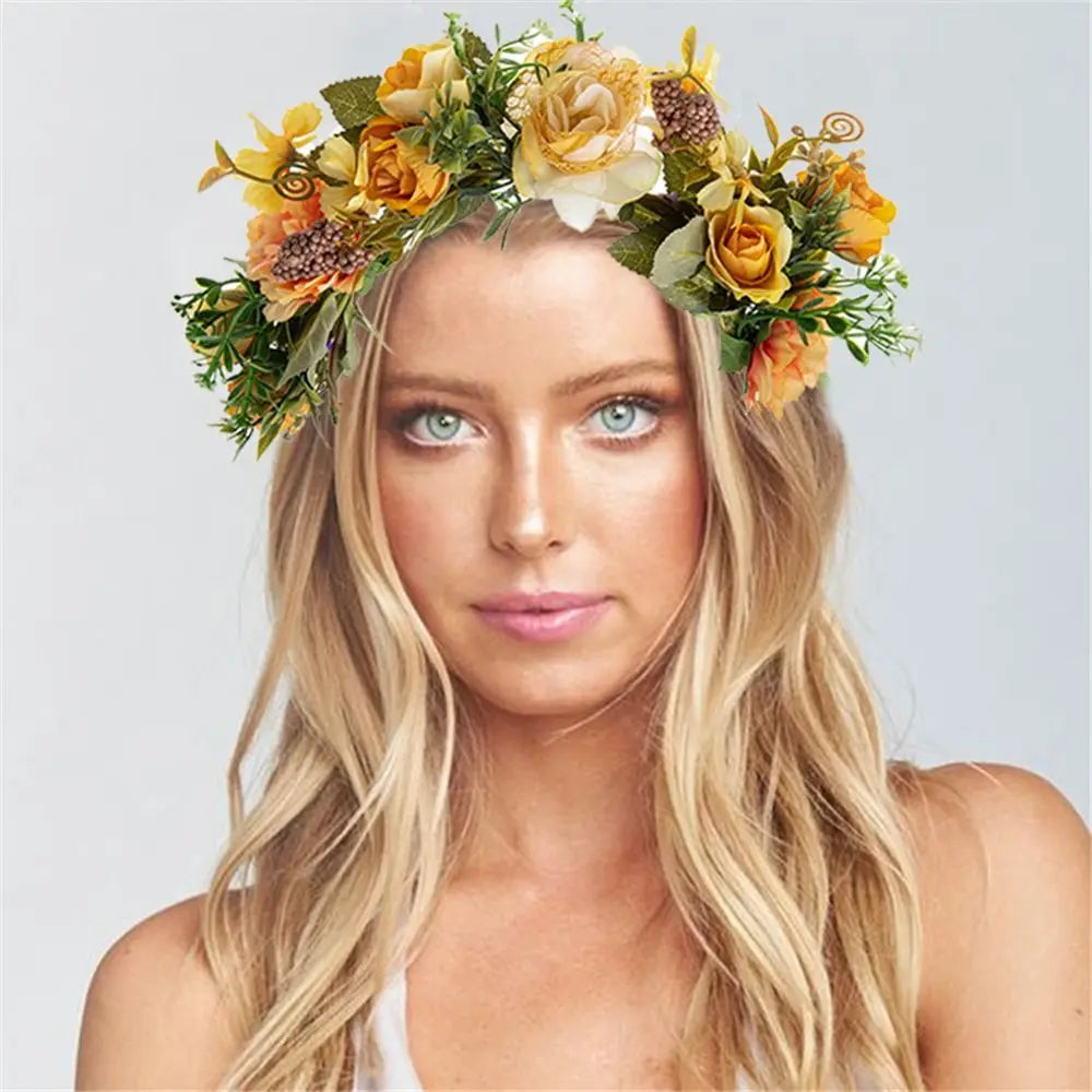 Flower Crown for Women Girls Flower Headband Green Leaf Headpiece Bohemian Festival Wedding Hair Wreath Photo Props Headwear