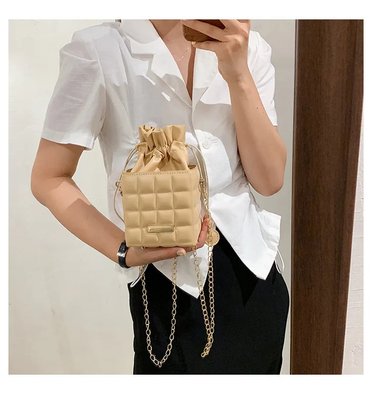 Texture Simple Checker Drawstring Crossbody Bag 2022 New Trendy Handbags  Fashion Chain Messenger One-shoulder Bags For Women