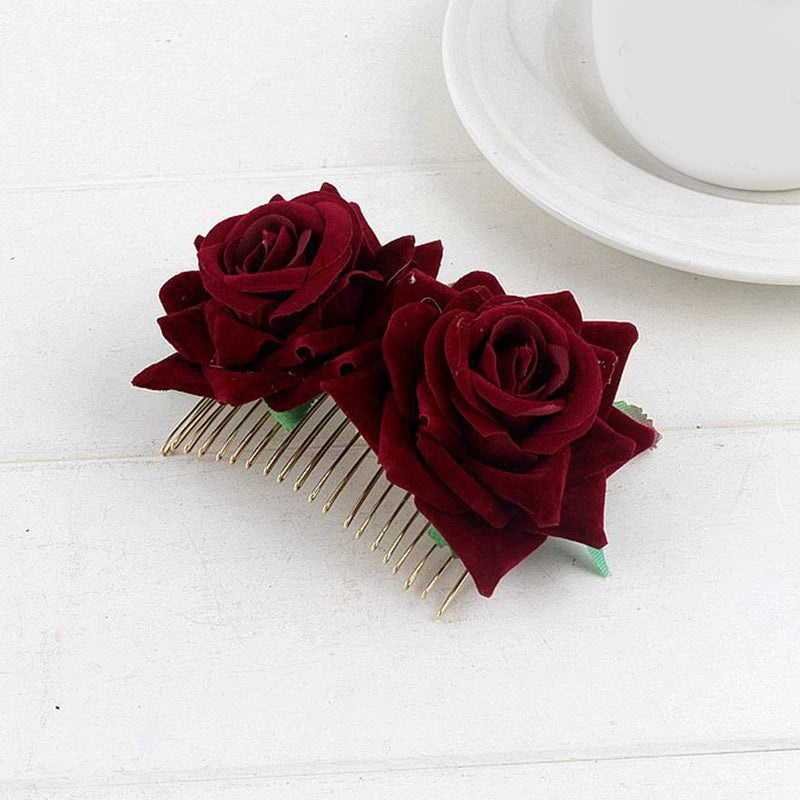 Flamenco Flowers For Hair DIY Headdress For Bridal Flocking Cloth Red Rose Flower Hairpin Hair Clip Party Hair Accessories