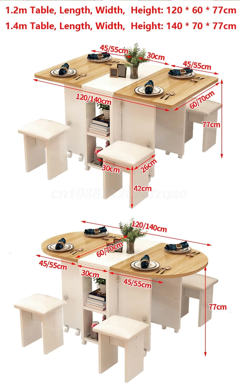 Folding Dining Table Movable Table Set  1.4m Round/ Square Table With Chair Set Furniture For Dining Room Apartment Living Room