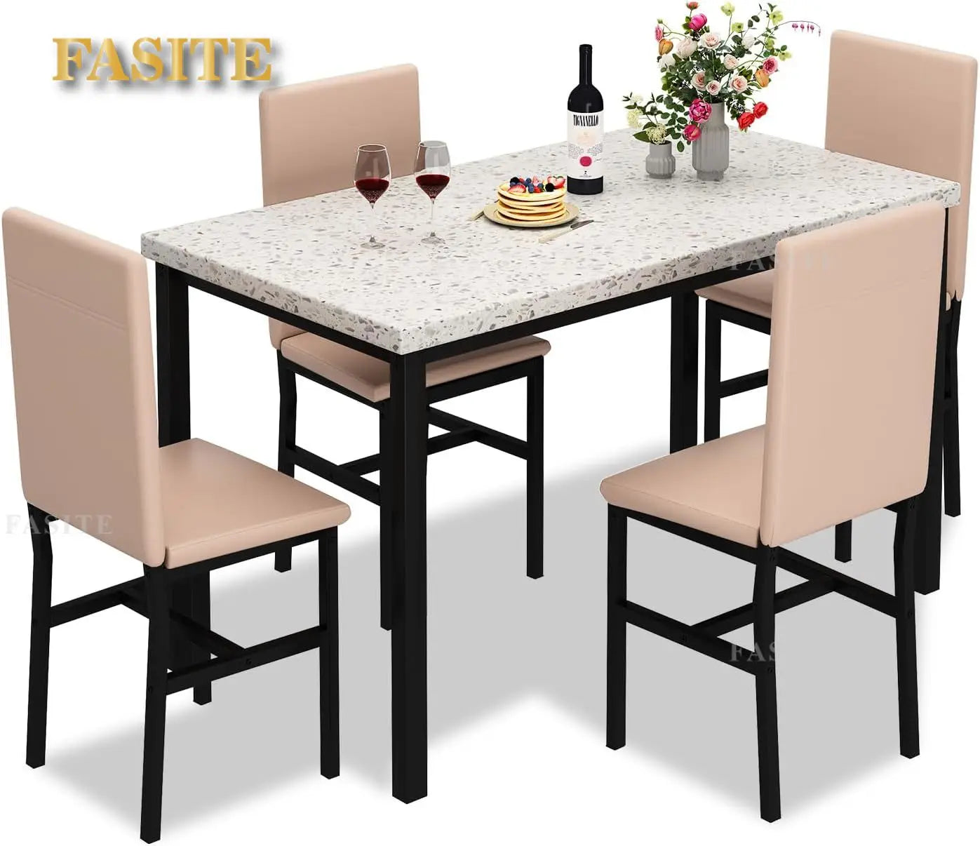 White Faux Marble Dining Table with 4 Upholstered Chairs, 5-Piece Dining Room Table Set for Small Space, Breakfast Table