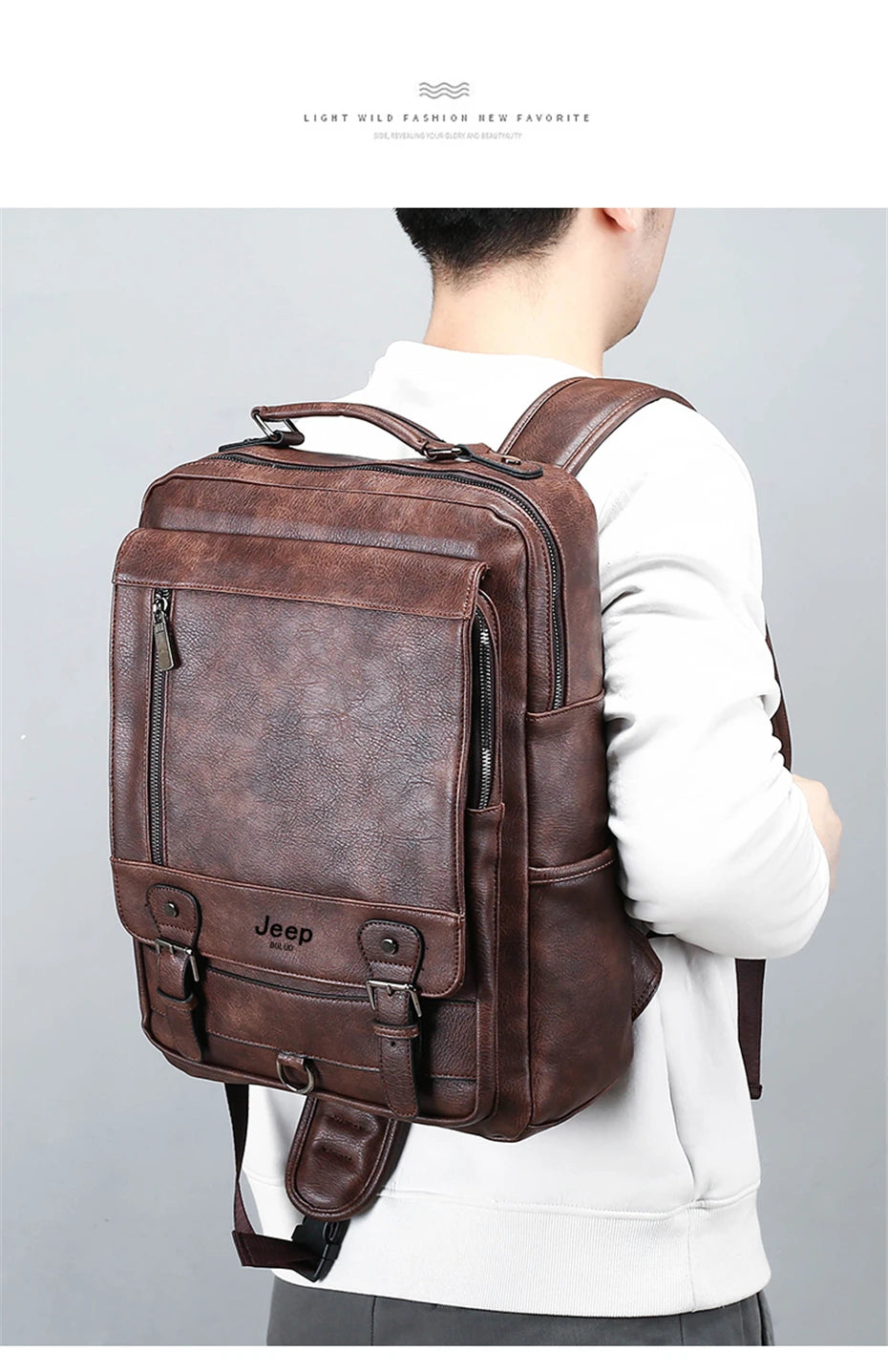 JEEP BULUO Fashion Leather Men Backpack Business Male 15.6" Laptop Bag Daypacks Large Capacity Travel College School Bag