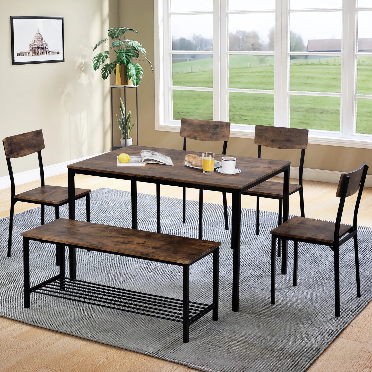 Dining table chair and bench set 6 Wood steel frame industrial style kitchen dining table set