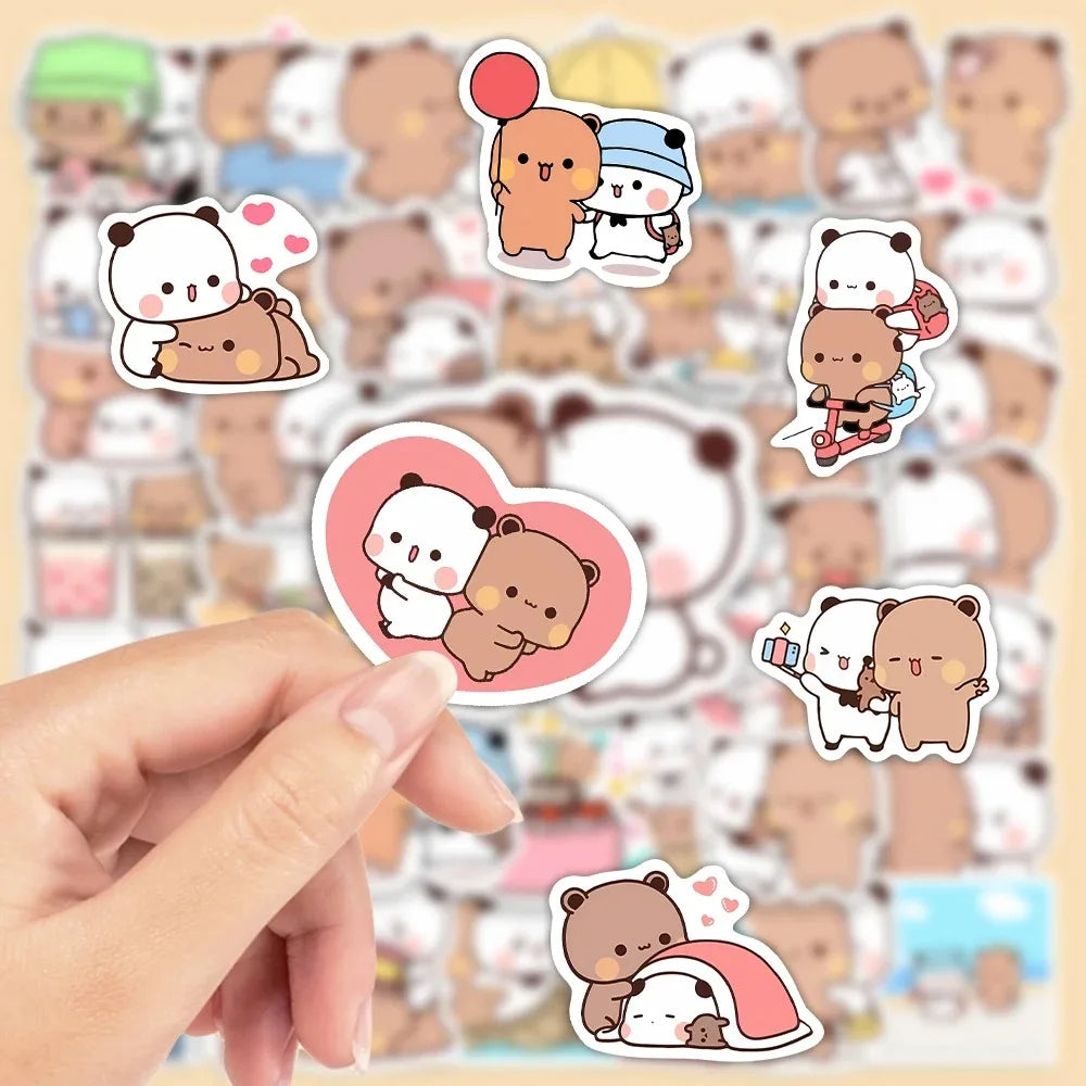 50sheets/set Bear Cute Bear and Panda Stickers Waterproof Panda Cartoon Bear and Panda Stickers Cartoon PVC Bubu Dudu Stickers