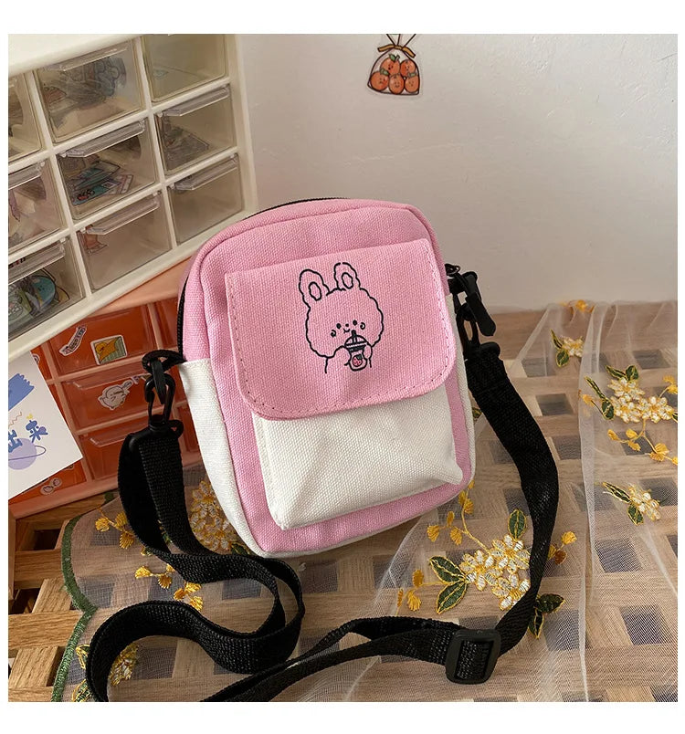 Ladies Fashion Canvas Small Square Bag Korean Version Multifunctional Cute Dog One-shoulder Diagonal Mobile Phone Package