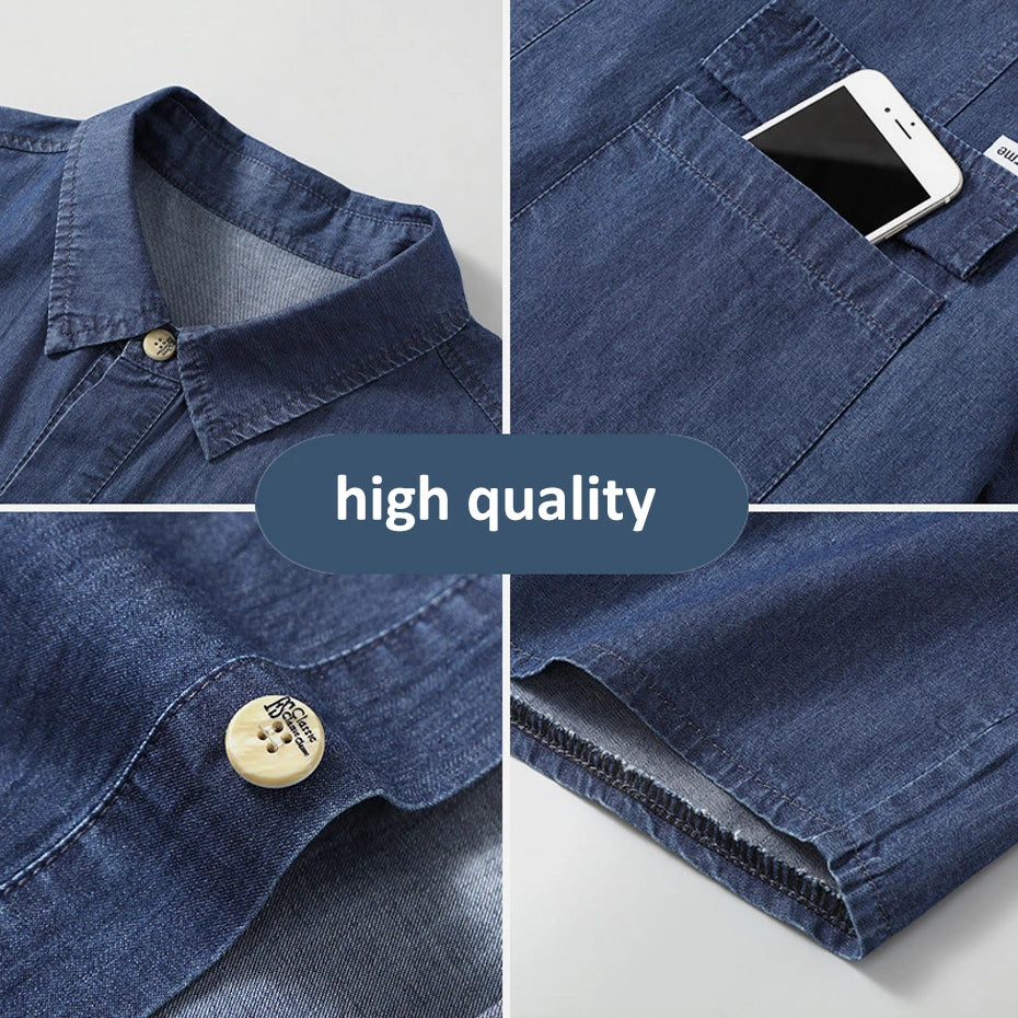 Summer Denim Shirt Men Short Sleeve Denim Shirts Jackets Male Plus Size 10XL Jean Shirts Blue Solid Color Tops Summer