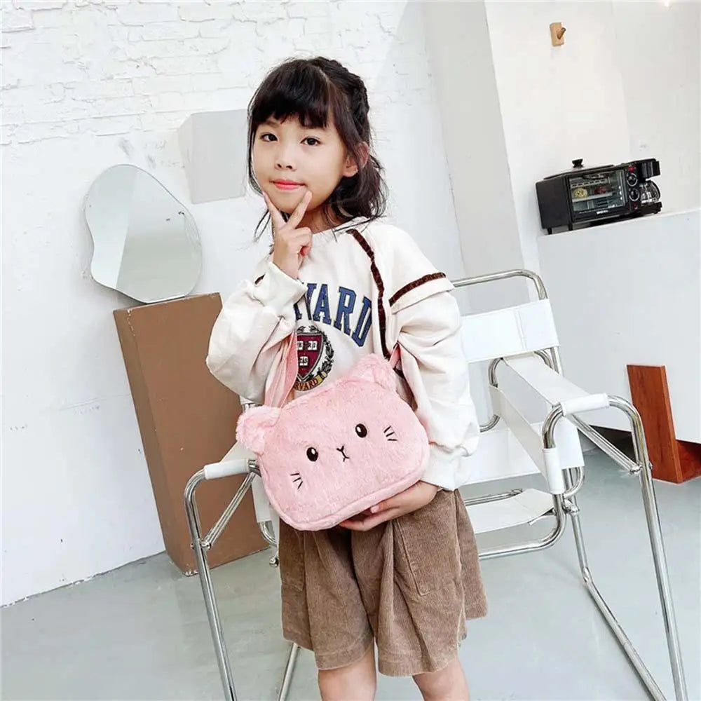 Plush Cartoon Children's Messenger Bag Cute Cat Lovely Kids Crossbody Handbags Zipper Little Girl Purse Gift For Child