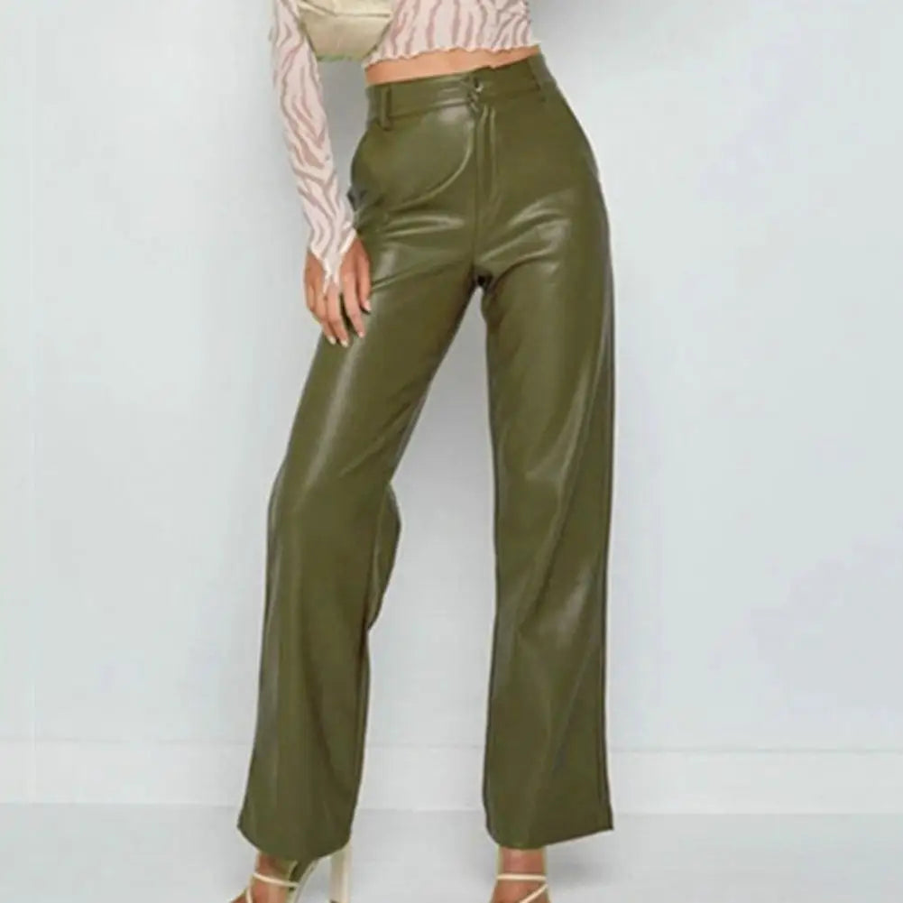 Summer Women Pants Retro Solid Color High Waist Straight Wide Leg Side Pockets Long Pants Slim Fit  Faux Leather Lady Trousers