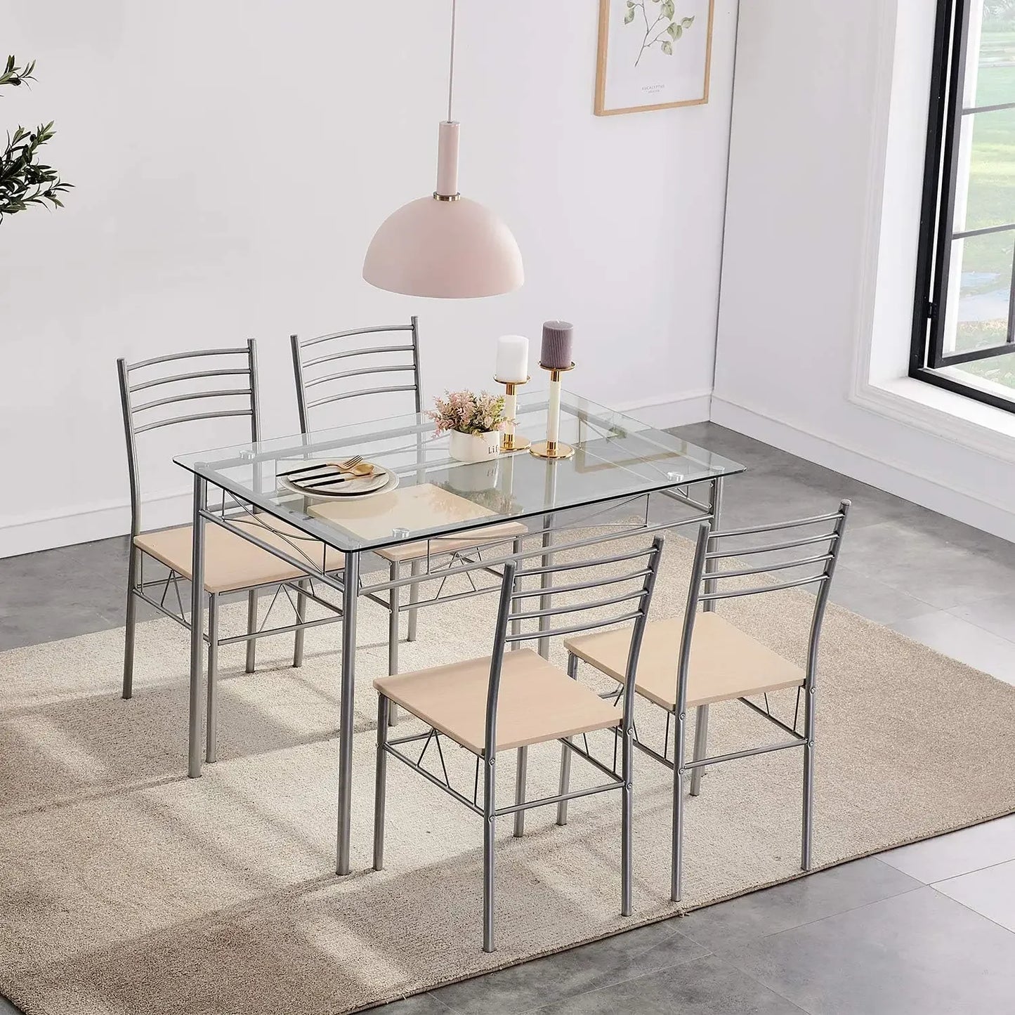 Kitchen Dining Room Sturdy Stable Table and Chairs 4, 5-Piece Dinette Sets, Space Saving (Silver), 43.3",Easy Assembly