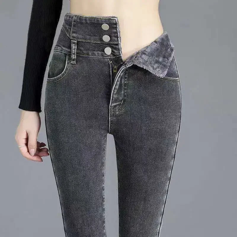 Jean skinny taille haute en velours épais pour femme, pantalon crayon décontracté en molleton simple et chaud, coupe slim, extensible, nouvelle collection hiver