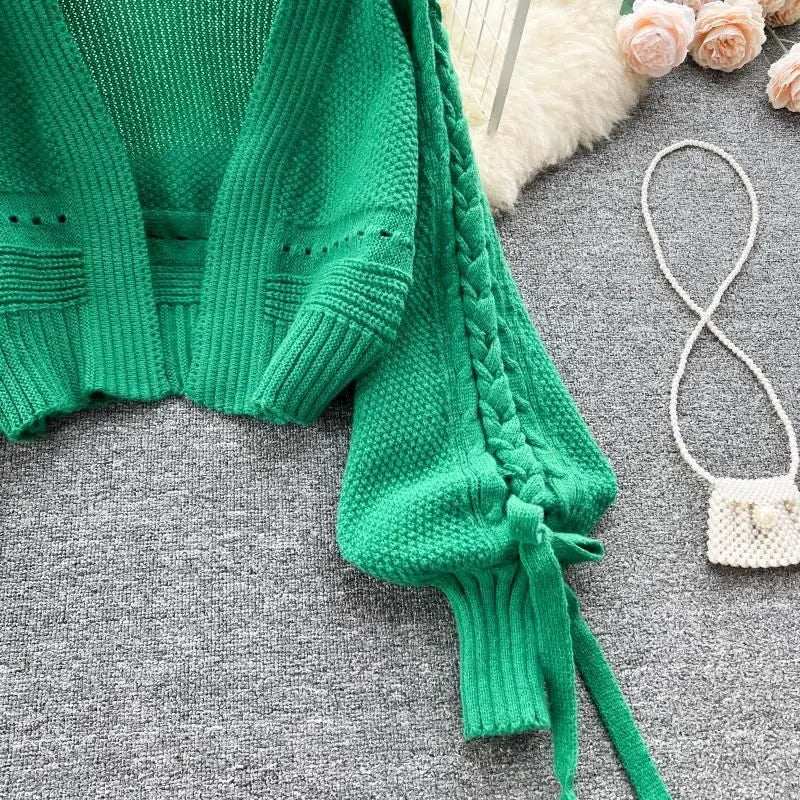 Green Casual Acrylic Knit V-Neck Lantern Long Sleeve Lace Up Women's Cardigan Sweater Short Cardigan For Women Clothing 2024