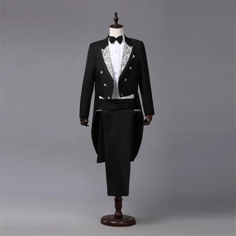 Costume de smoking pour homme, vintage, formel, coupe ajustée, revers en pointe, pantalon de smoking, queue-de-pie, chanteur, magicien, veste de scène, tenues