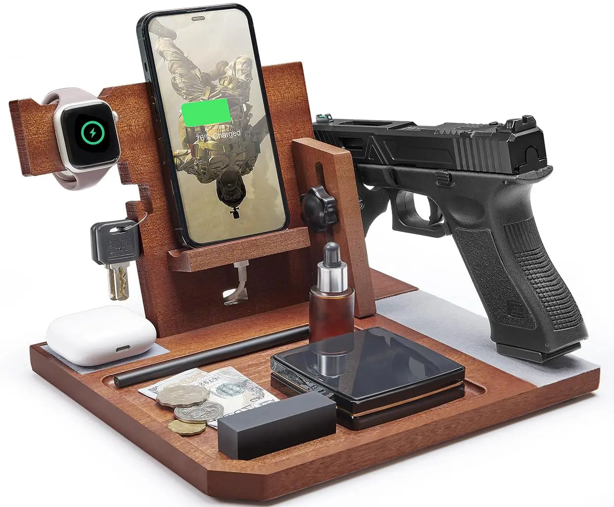 ONETIGRIS Wood Phone Docking Station, Men Gift Nightstand Organizer Desk Organizer Beside Wallet Tray Watch Stand with Gun Rack