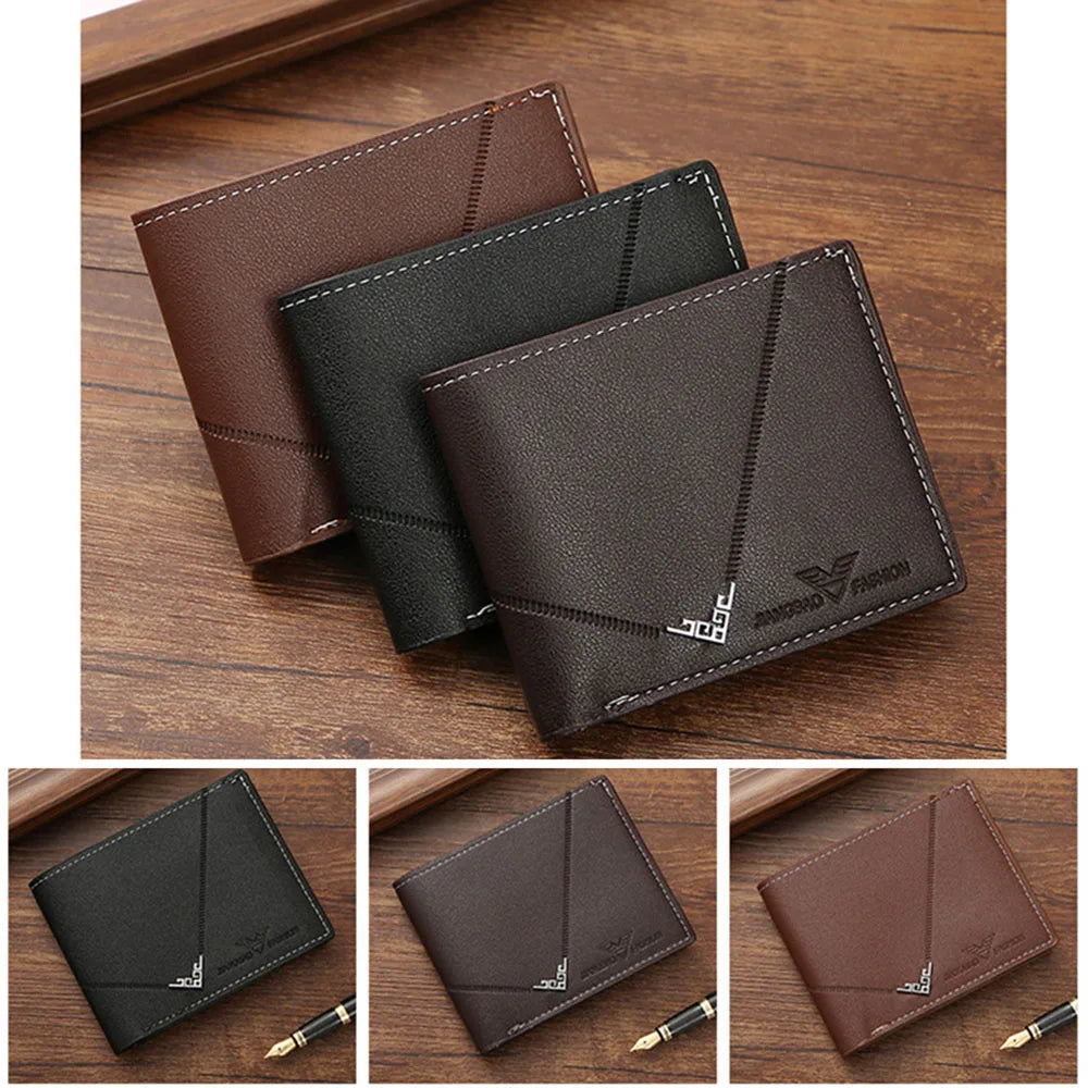 Lychee Texture PU Leather Men's Wallet Short Cash Purse Multi Card Slot Patchwork Card Holder Photo Holder Horizontal Money Clip