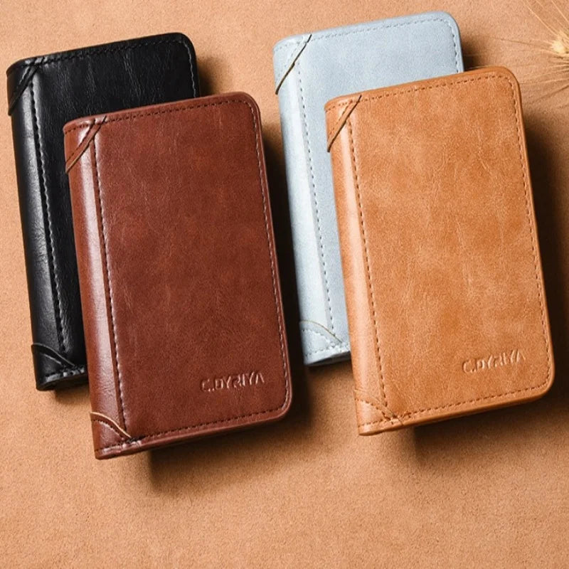 RFID Men Wallet Genuine Leather Blocking Trifold Wallet Vintage Thin Short Multi Function ID Credit Card Holder Male Purse Money