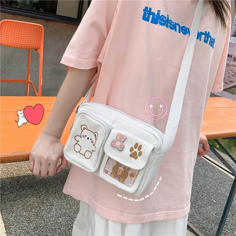 Canvas Small Bag Japanese ins Women Shoulder Bag Cute Funny Personality Embroidery Bear Girl Student Transparent Messenger Bag