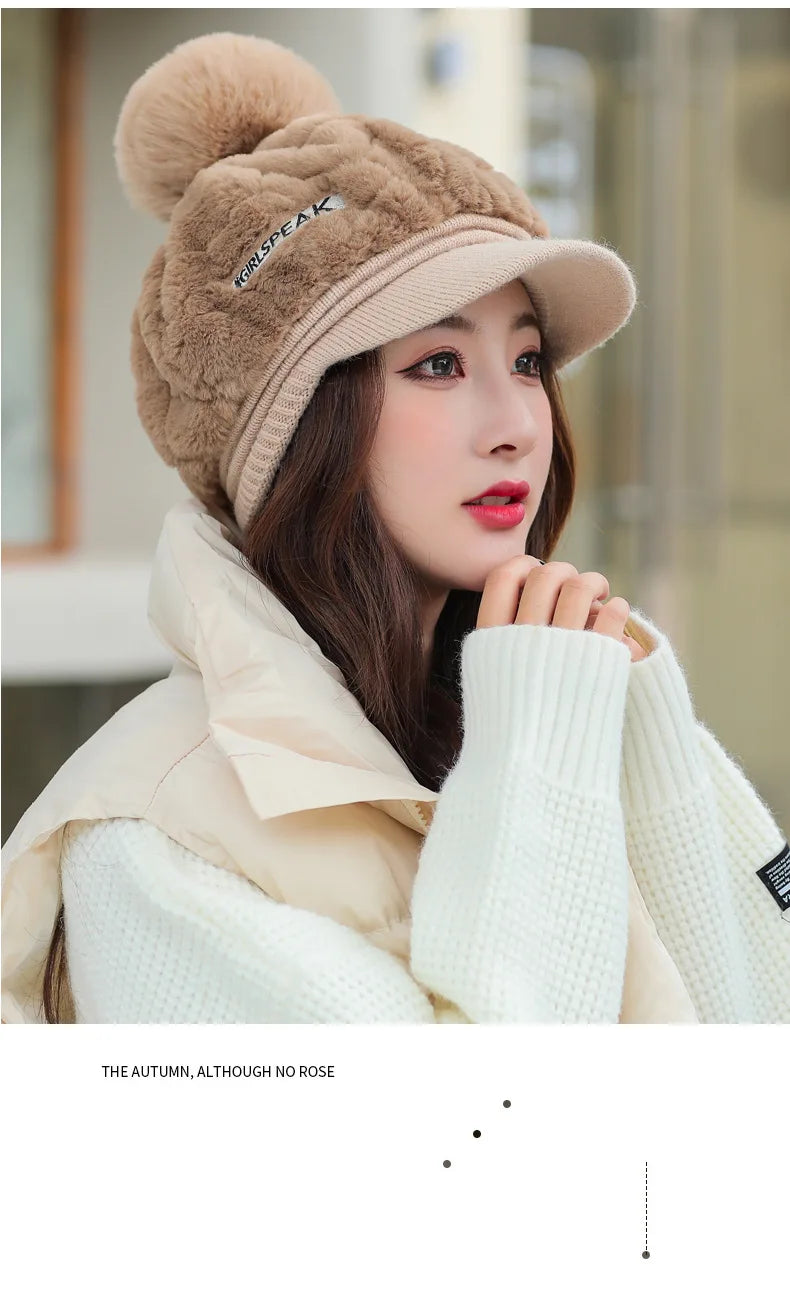 Autumn and winter new women's hats fashion wild plush warm duck tongue hat cute hairball cold protective ear cap