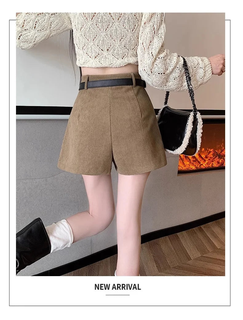 Corduroy Velvet Women Shorts Autumn Winter High Waist Slim Flared Trousers Fashionable Temperament A- crotch Boots