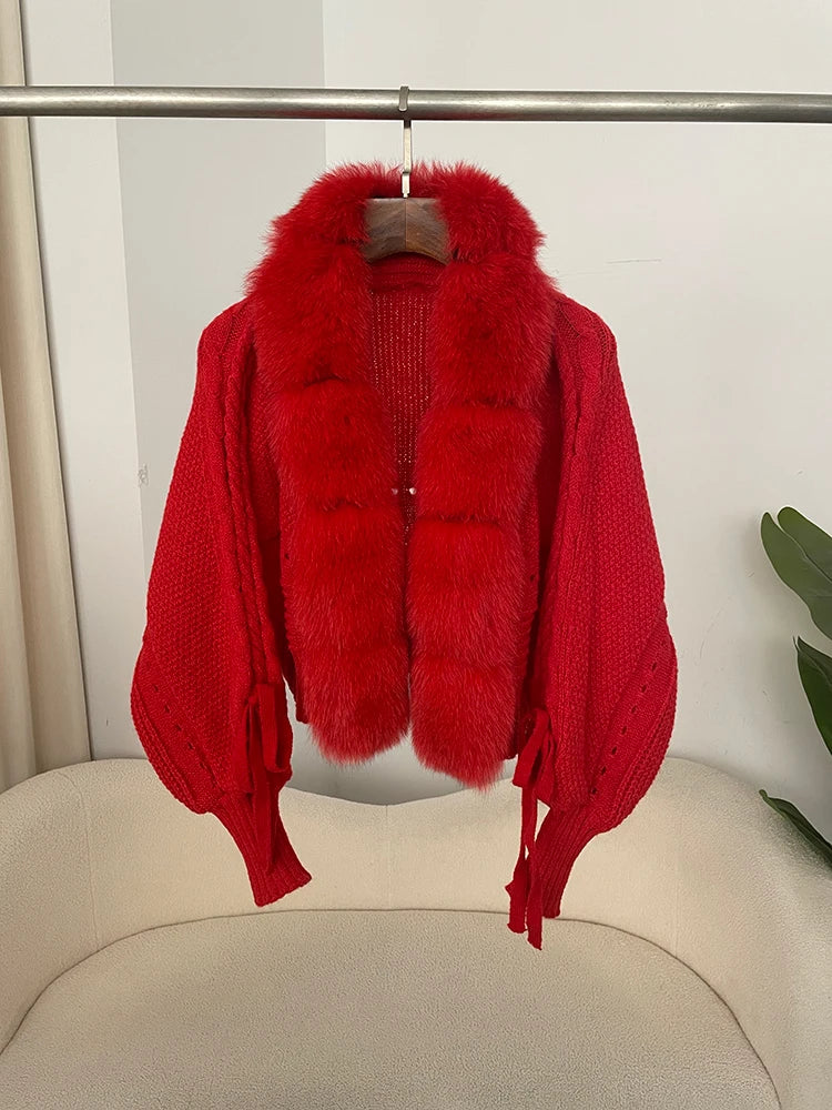 New Knitting Cardigan 2024 Winter Women Knitted Jacket with Natural Fur Placket Coat Casual Real Fox Fur New Fashion Short Warm