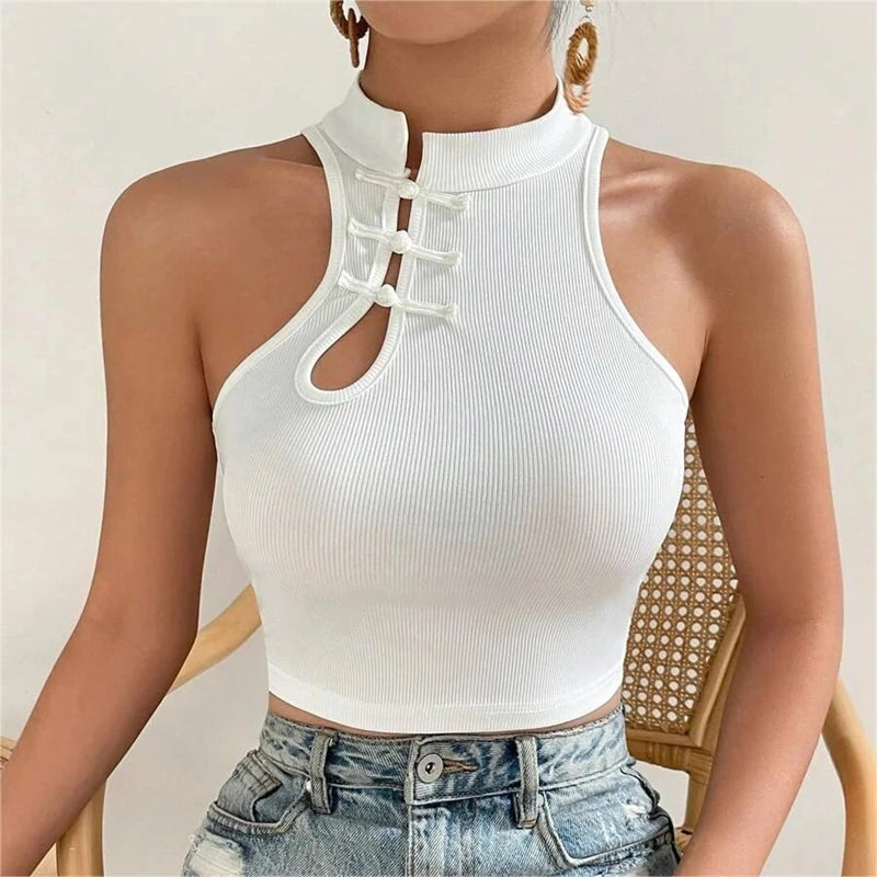 2024 New Fashion Women Vintage Chinese Button Tank Tops  Halter Tops O-Neck Elegant Crop Tops Off Shoulder Tops For Women