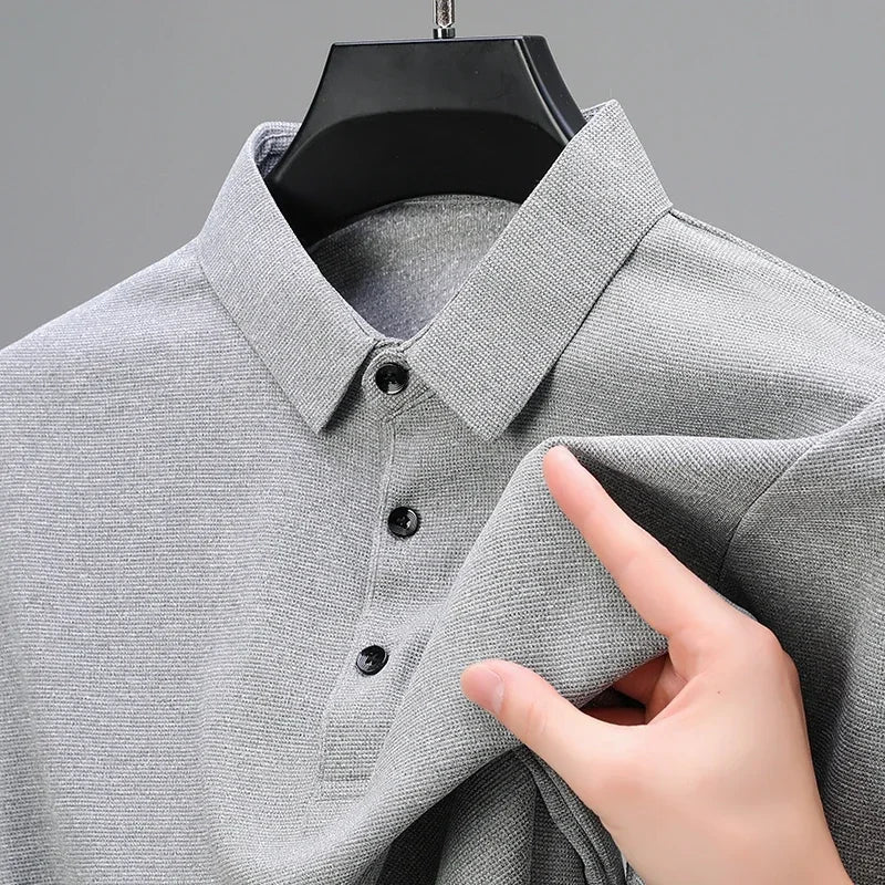 Men's Fashion Waffle Solid Long Sleeved Polo Shirt Summer Breathable Comfortable Top