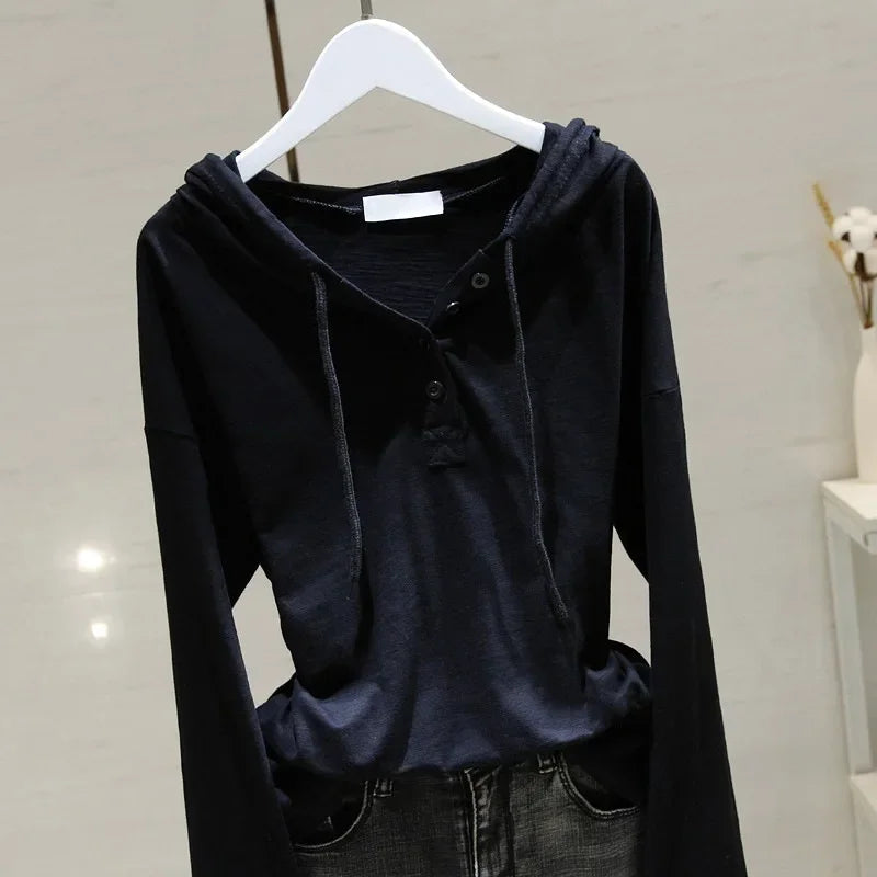 Women's Hooded Long Sleeve Cotton T-shirt 2024 Spring Autumn New Loose-fit Slimming Bamboo Node Inner Base Layer Top Trendy