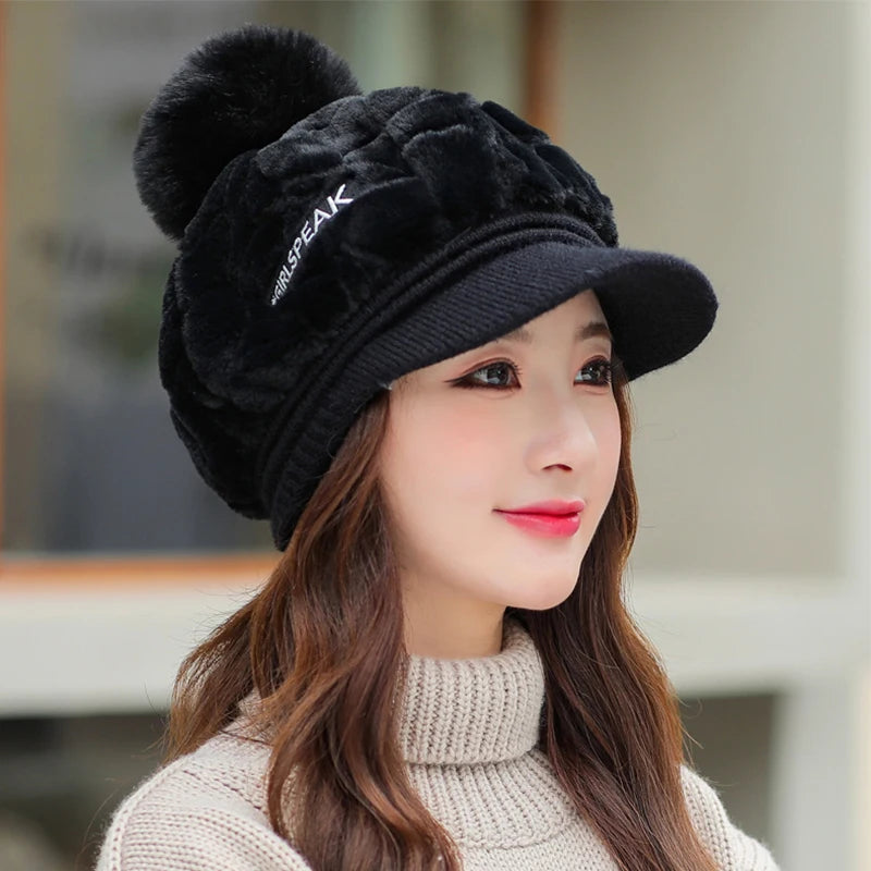 Autumn and winter new women's hats fashion wild plush warm duck tongue hat cute hairball cold protective ear cap