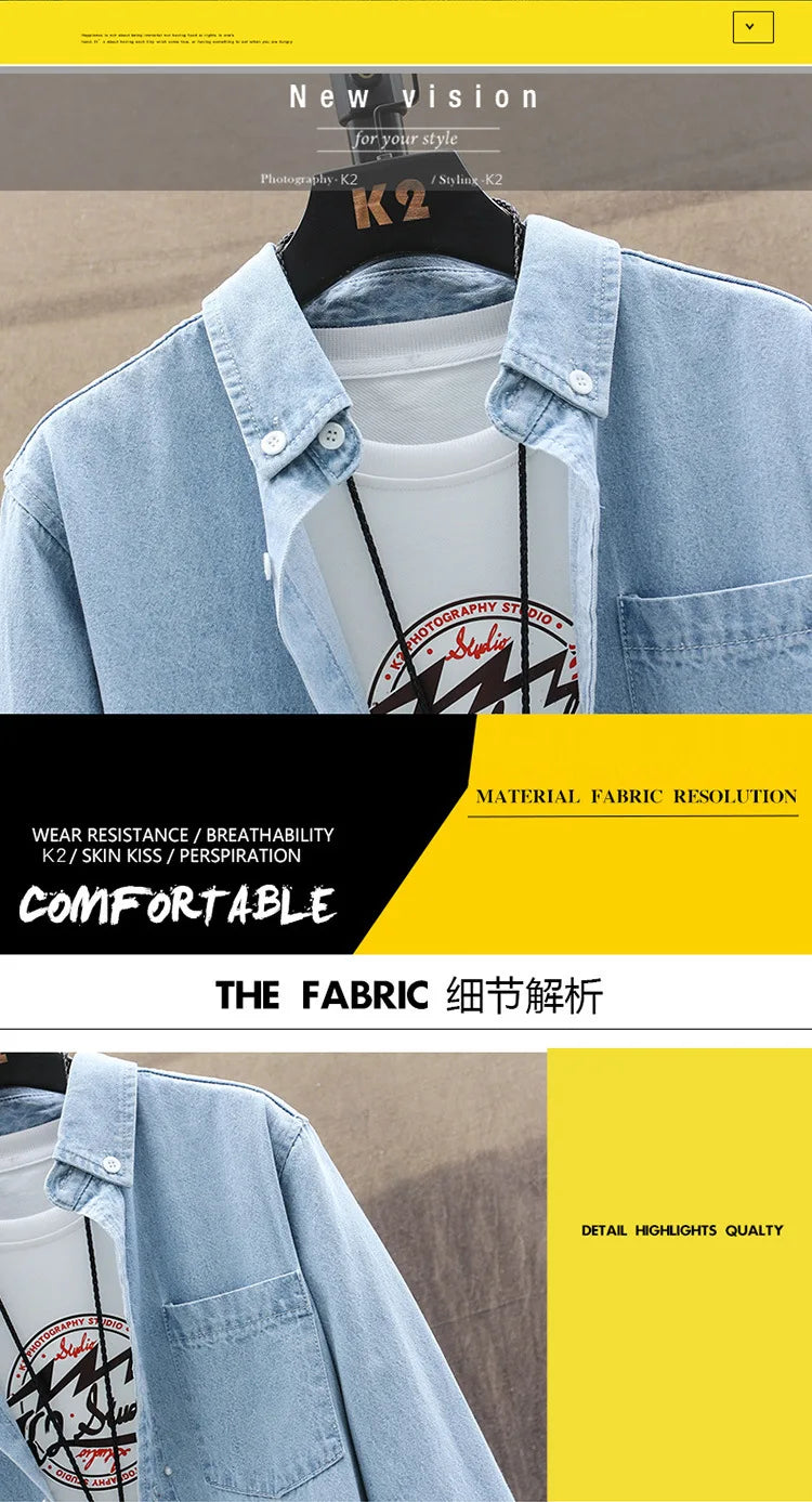 Fashion Large Cotton Denim Long Sleeved Men's Casual Large Loose Work Coat Fashion Shirt Formal Cotton Fashion Slim Men Shirt