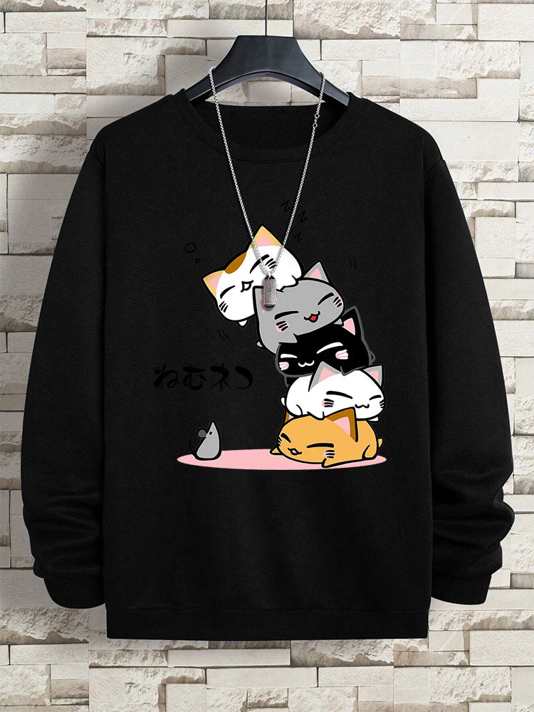 Cute Stacked Cats Sleep Clothing Man Hoody Hip Hop O-Neck Sweatshirts Vintage Casual Loose Hoodies Autumn New Loose Clothes