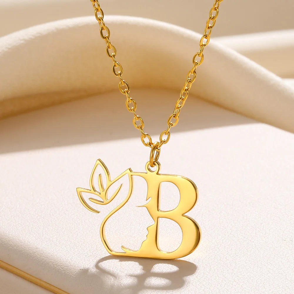 Collier avec initiale en forme de fleur de beauté pour femme et fille, cadeau en acier inoxydable, pendentif en forme de lettre de couleur or, collier ras du cou, bijoux de l'alphabet