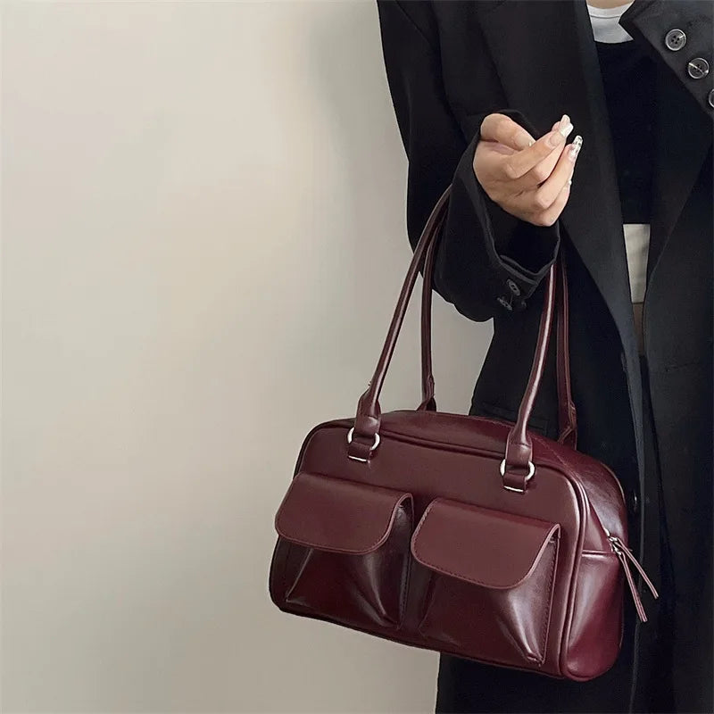 Vintage Women Business Shoulder Bags Simple Ladies Commute Tote Bag Pu Leather Female Underarm Bag Burgundy Large Handbags Purse