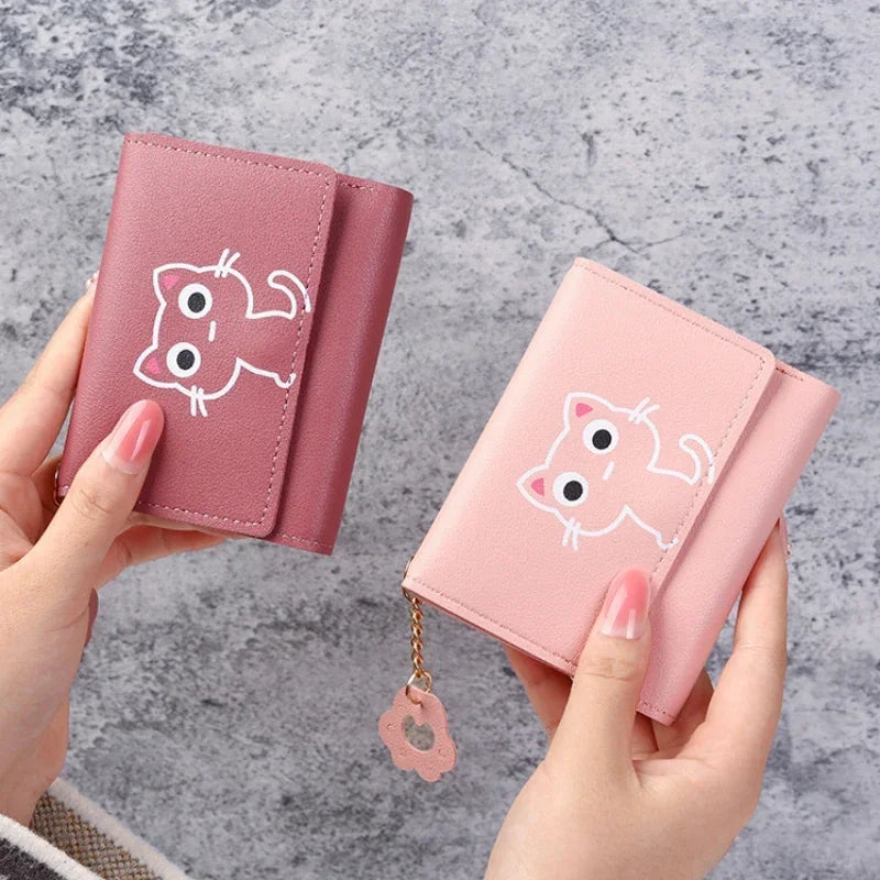 New Women Fashion Wallet Cute Cartoon Cat Girl Credit Card Coin Holder Money Short Purses PU Leather Large Capacity Ladies Purse