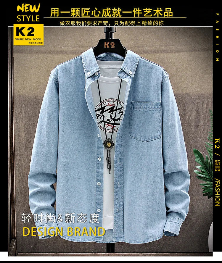 Fashion Large Cotton Denim Long Sleeved Men's Casual Large Loose Work Coat Fashion Shirt Formal Cotton Fashion Slim Men Shirt